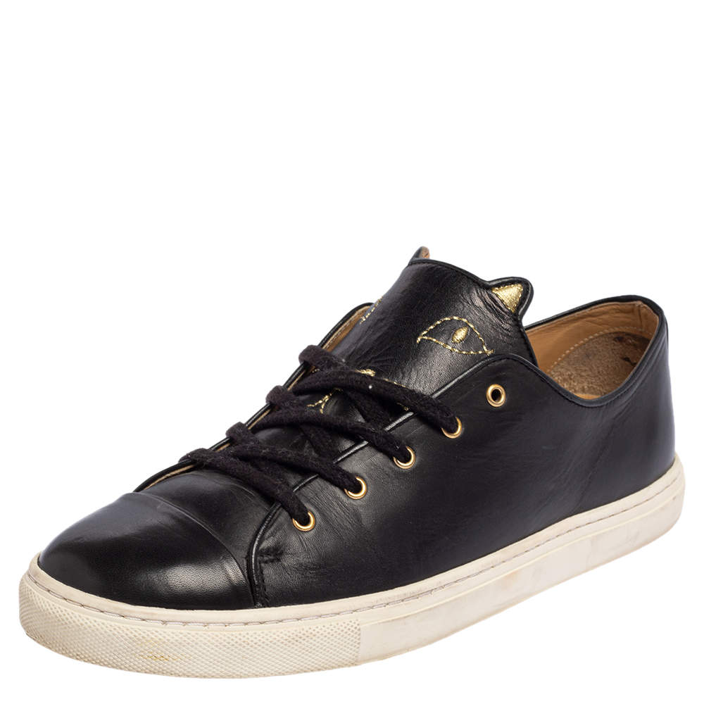 Pre Owned Charlotte Olympia Black Leather Kitty Lace Up Sneakers Size 40