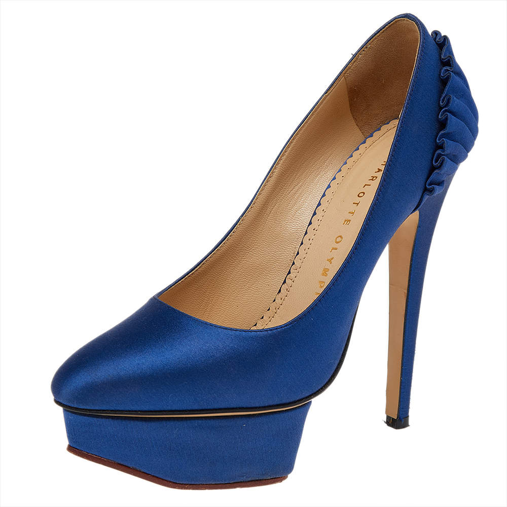 مملوكة مسبقًا حذاء كعب عالي شارلوت أوليمبيا ساتان أزرق نعل سميك مقاس 35