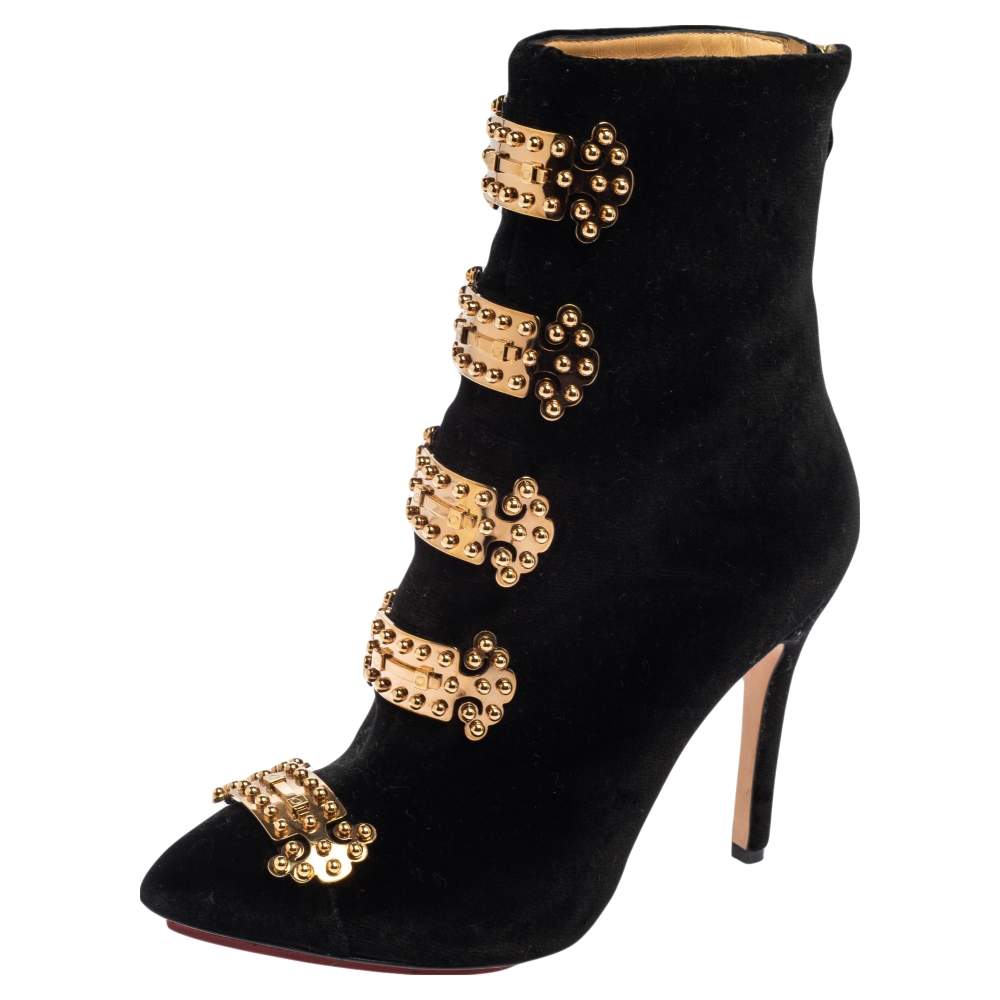Charlotte Olympia Black Velvet Studs Embroidery Ankle Boots Size 35
