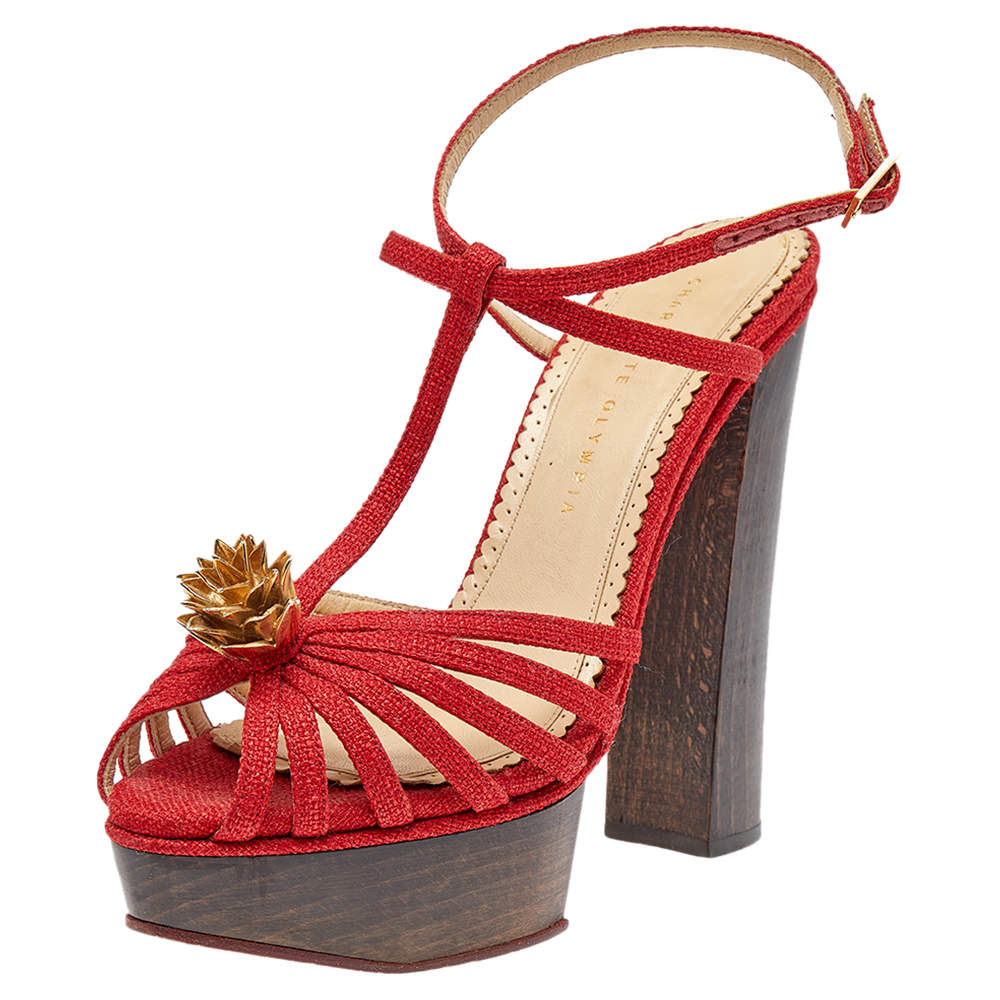 مملوكة مسبقًا Charlotte Olympia Red Fabric Strappy Ankle Strap Platform Sandals Size 39