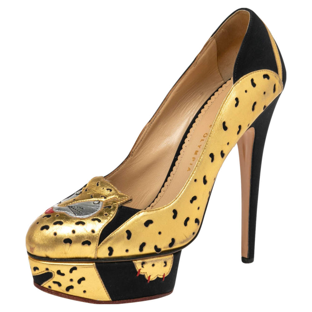 مملوكة مسبقًا Charlotte Olympia Black/Gold Leather Ninivah Leopard Platform Pumps Size 39