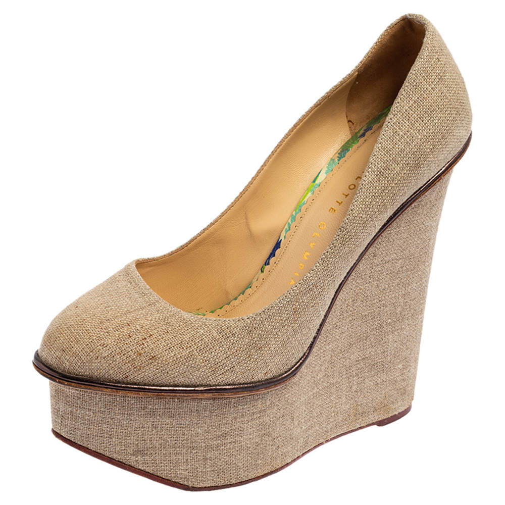 Pre Owned Charlotte Olympia Dark Beige Canvas Carmen Wedge Pumps Size 38