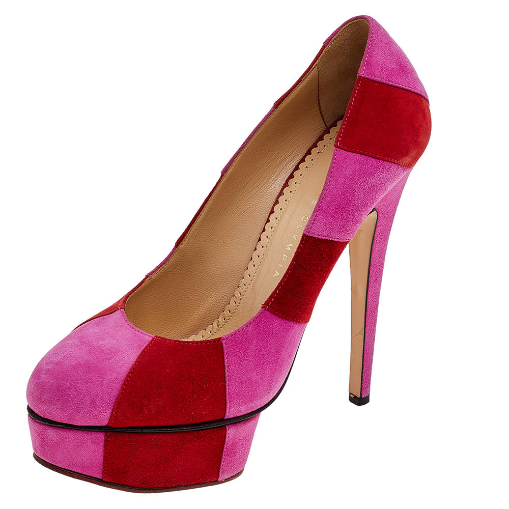 Pre Owned Charlotte Olympia Pink/Red Suede Striped Priscilla Platform Pumps Size 38