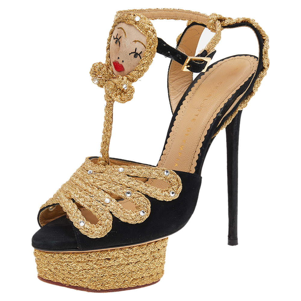 Pre Owned صندل شارلوت أوليمبيا سير كاحل سويدي أسود/ ذهبي مقاس 38