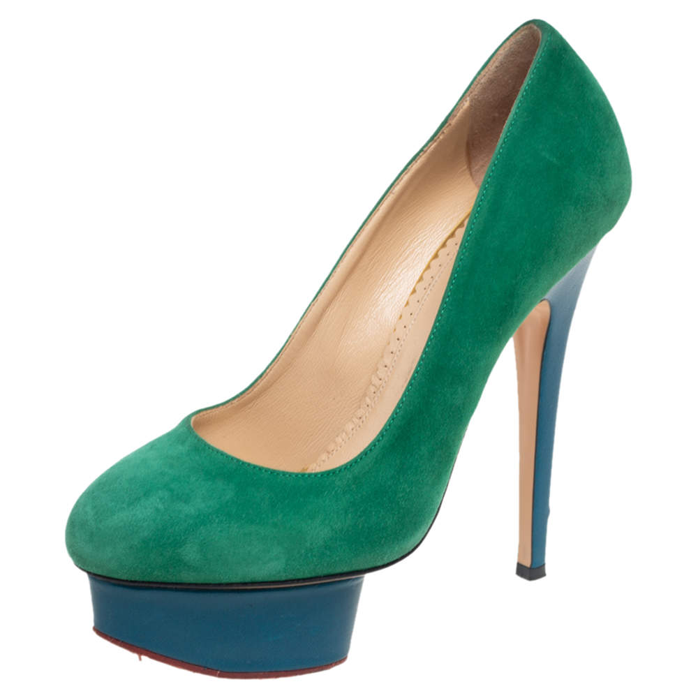 مملوكة مسبقًا Charlotte Olympia Green/Blue Suede Dolly Platform Pumps Size 36