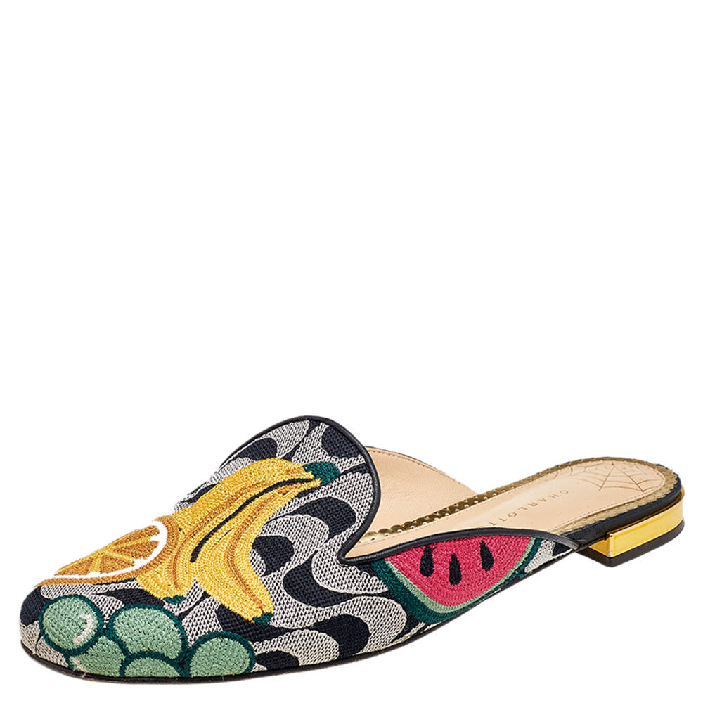 Pre Owned Charlotte Olympia Multicolor Printed Canvas Flat Mules Size 38