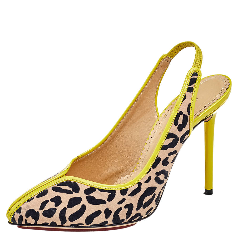 Charlotte Olympia Beige Leopard Print Fabric Slingback Sandals Size 37.5