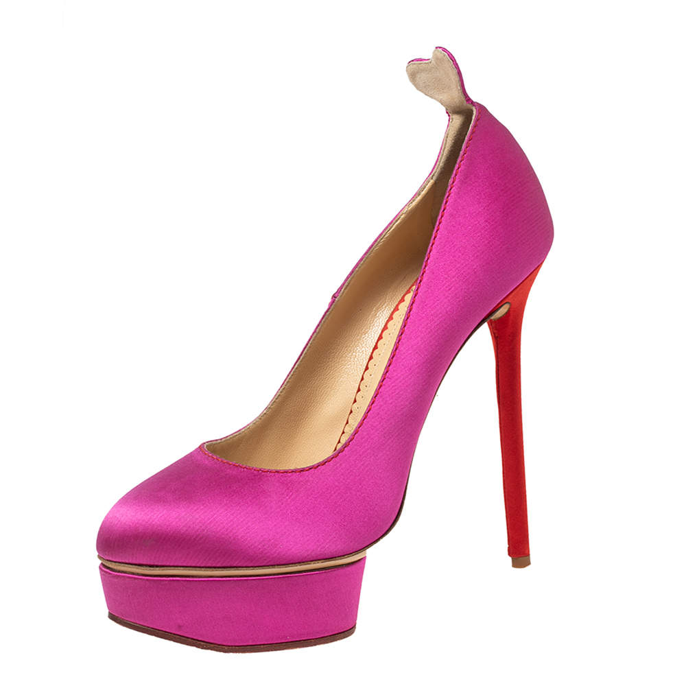 Charlotte Olympia Pink Satin Josephine Platform Pumps Size 38.5