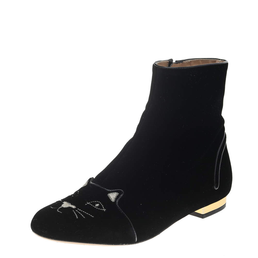 Pre Owned Charlotte Olympia Black Velvet Cat Embroidered Ankle Boots Size 37.5