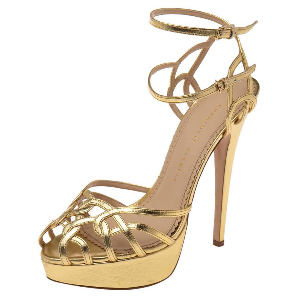 Charlotte Olympia Gold Leather Platform Sandals Size  40