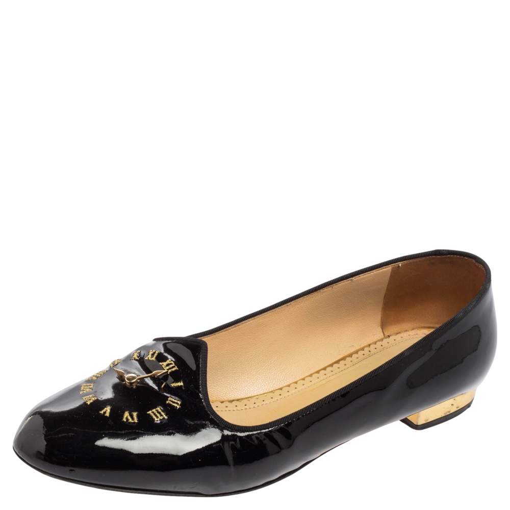 Pre Owned Charlotte Olympia Black Patent Leather Fashionably Late Clock Face Smoking Slippers Size 40