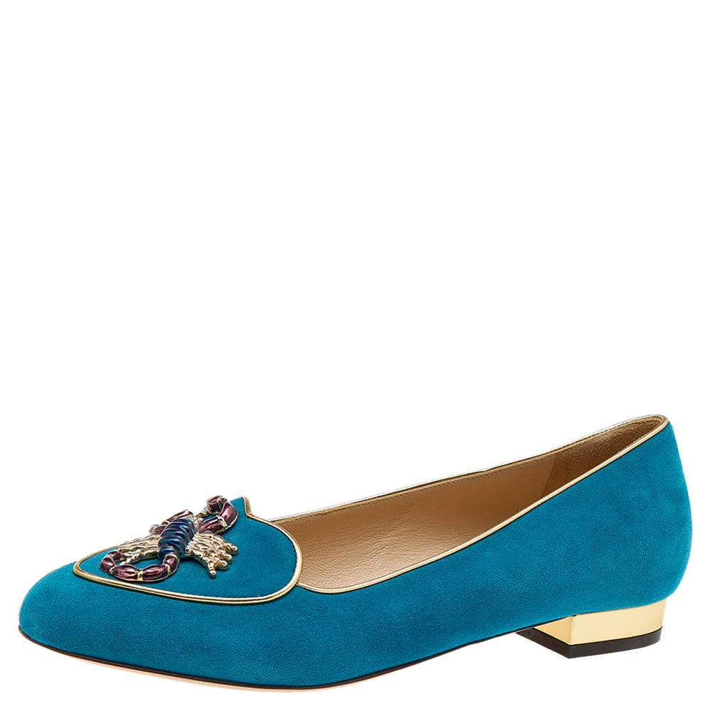Charlotte Olympia Blue Suede Embellished Slip on Loafers Size 38