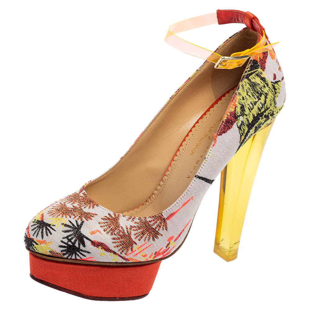 Pre Owned Charlotte Olympia Multicolor Embroidered Fabric Dolly Ankle-Strap Pumps Size 40