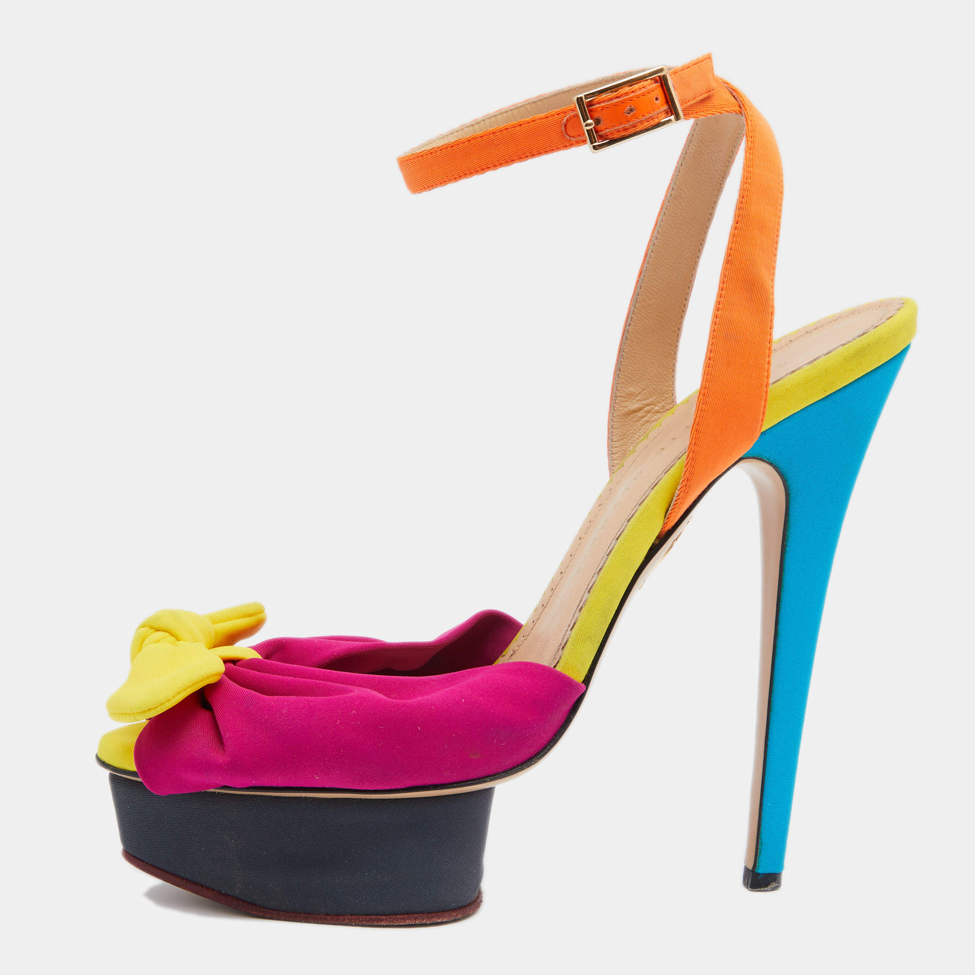 مملوكة مسبقًا Charlotte Olympia Multicolor Canvas Platform Ankle Strap Sandals Size 39.5