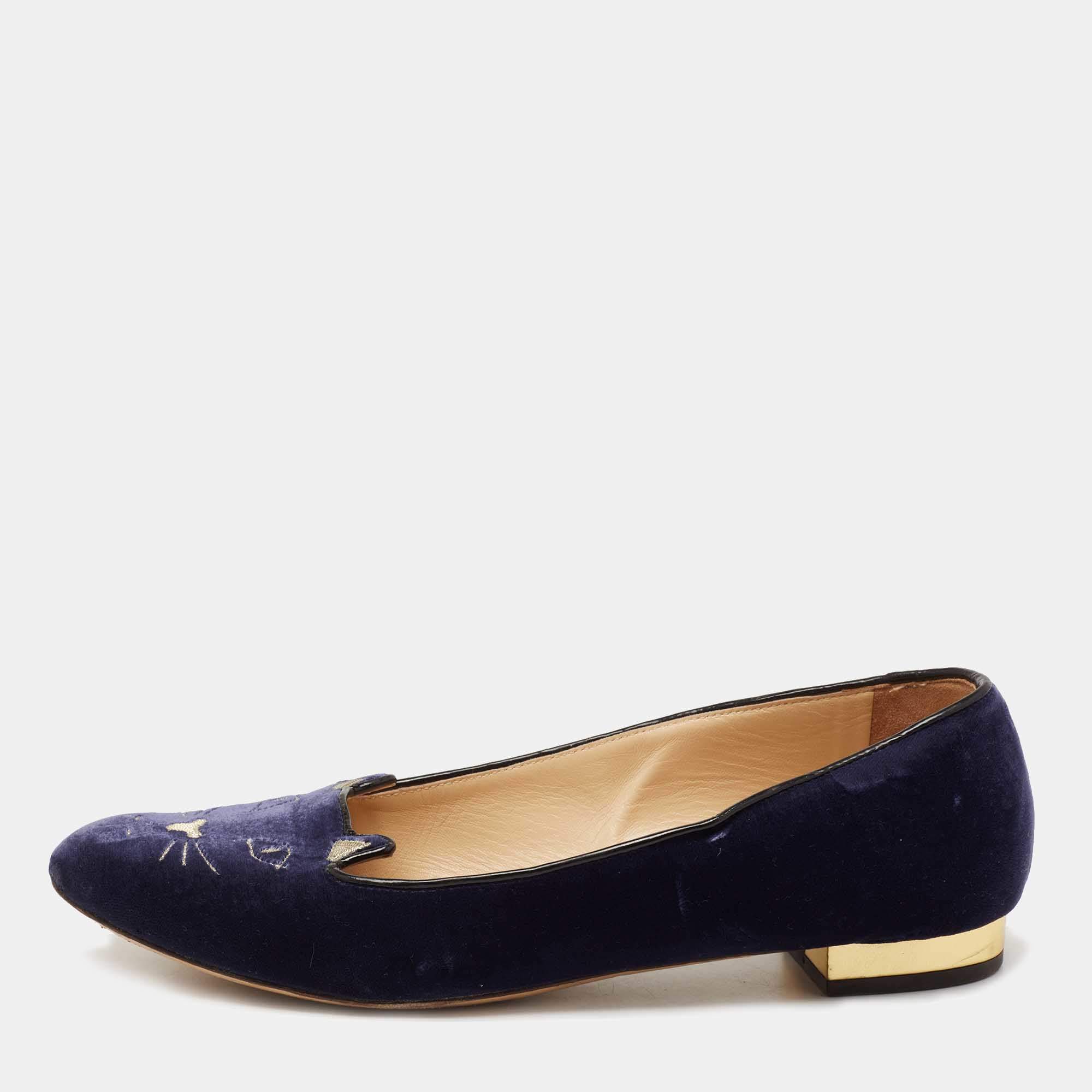 Pre Owned Charlotte Olympia Blue Velvet Kitty Flats Size 41