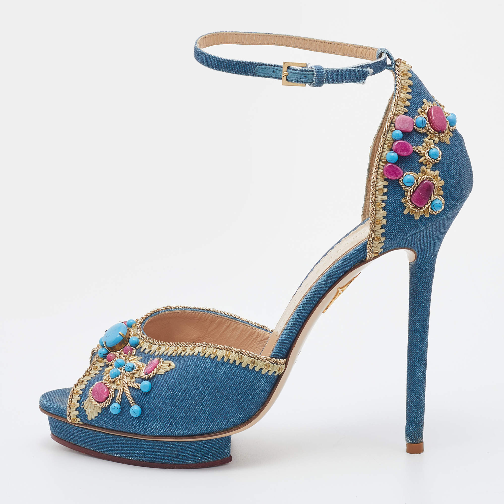 Pre Owned Charlotte Olympia Blue Canvas Stone Embellished Ankle Strap Sandals Size 40