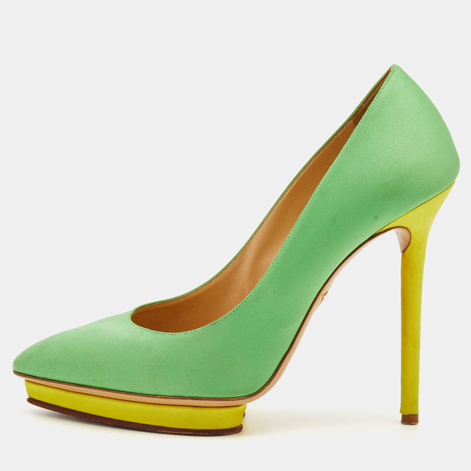 Pre Owned Charlotte Olympia Green Satin Debonaire Pointed Toe Platform Pumps Size 39
