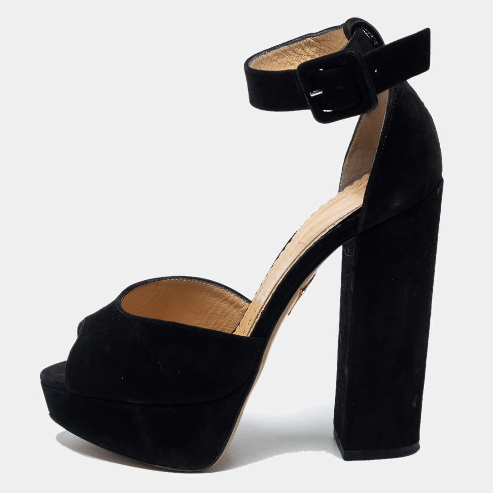 Pre Owned Charlotte Olympia Black Suede Peep-Toe Platform Ankle Strap Sandals Size 35