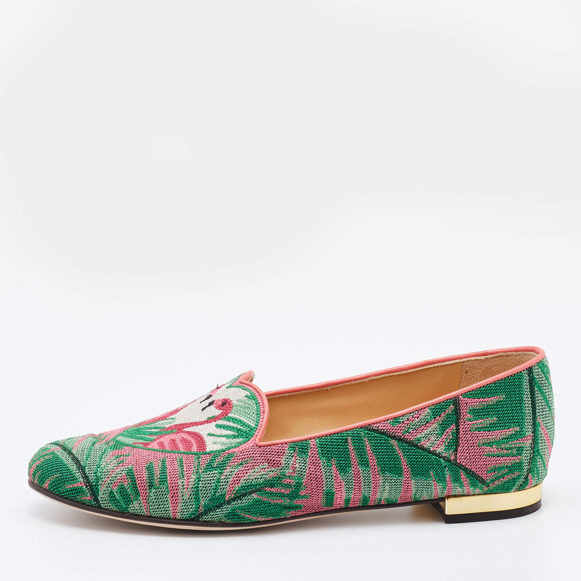 Pre Owned Charlotte Olympia Multicolor Embroidered Canvas Flamingo Smoking Slippers Size 36