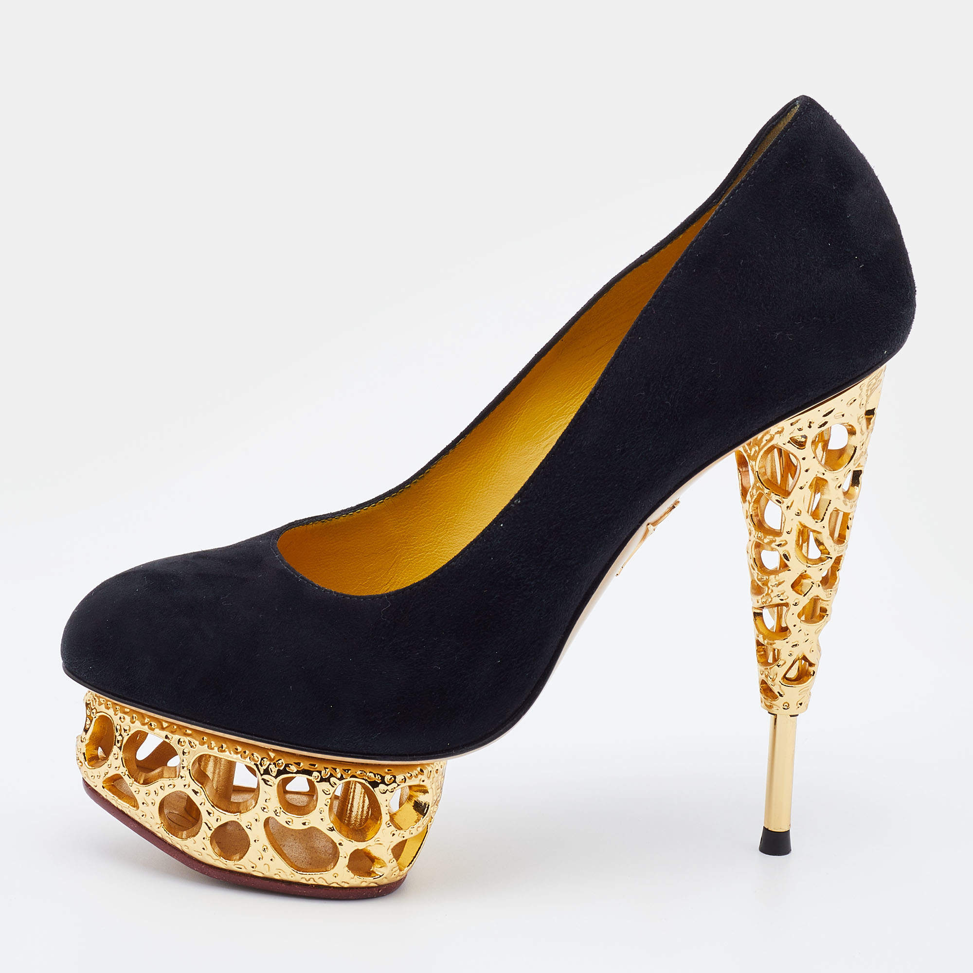 Pre Owned Charlotte Olympia Black Suede Gold Sculptured Heel Objets D'Art Platform Pumps Size 36