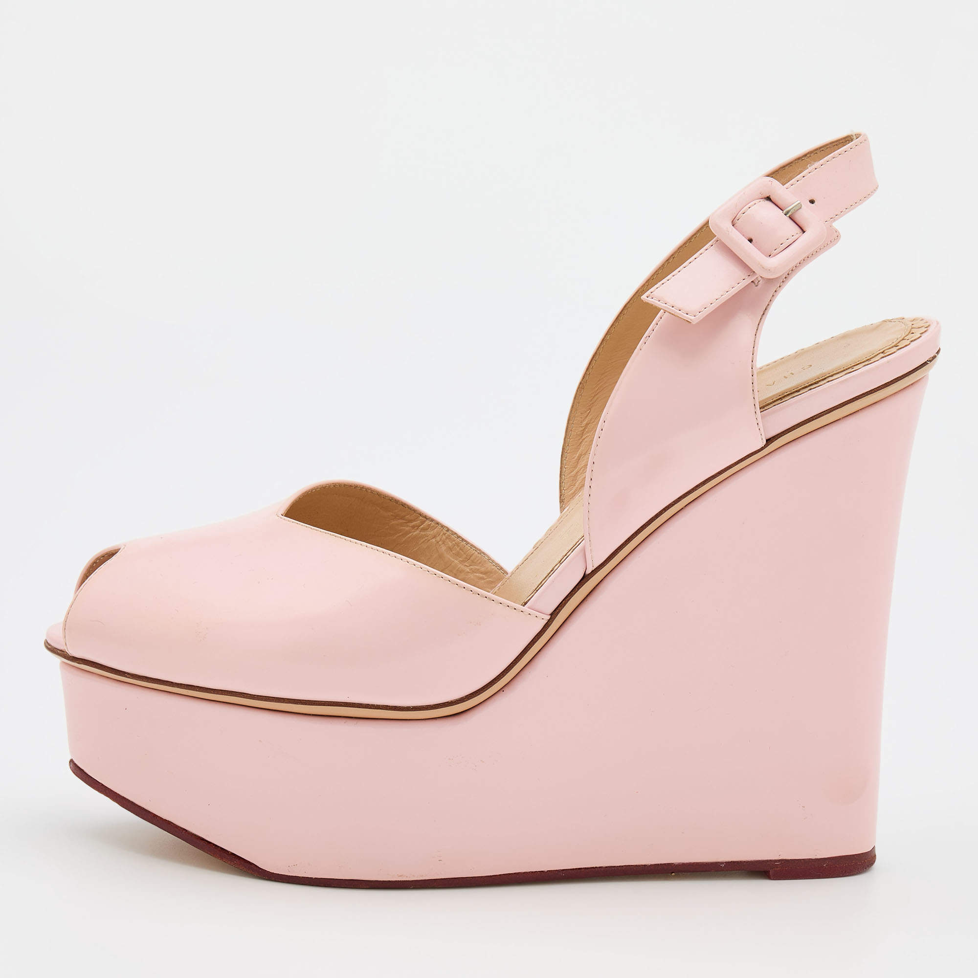 Pre Owned Charlotte Olympia Pink Leather Wedge Platform Slingback Sandals Size 40