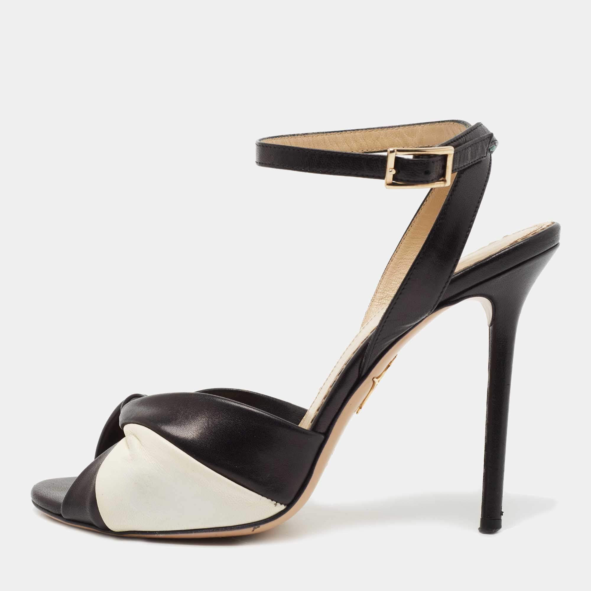 Charlotte Olympia Black/White Leather Do The Twist Ankle Strap Sandals Size 38