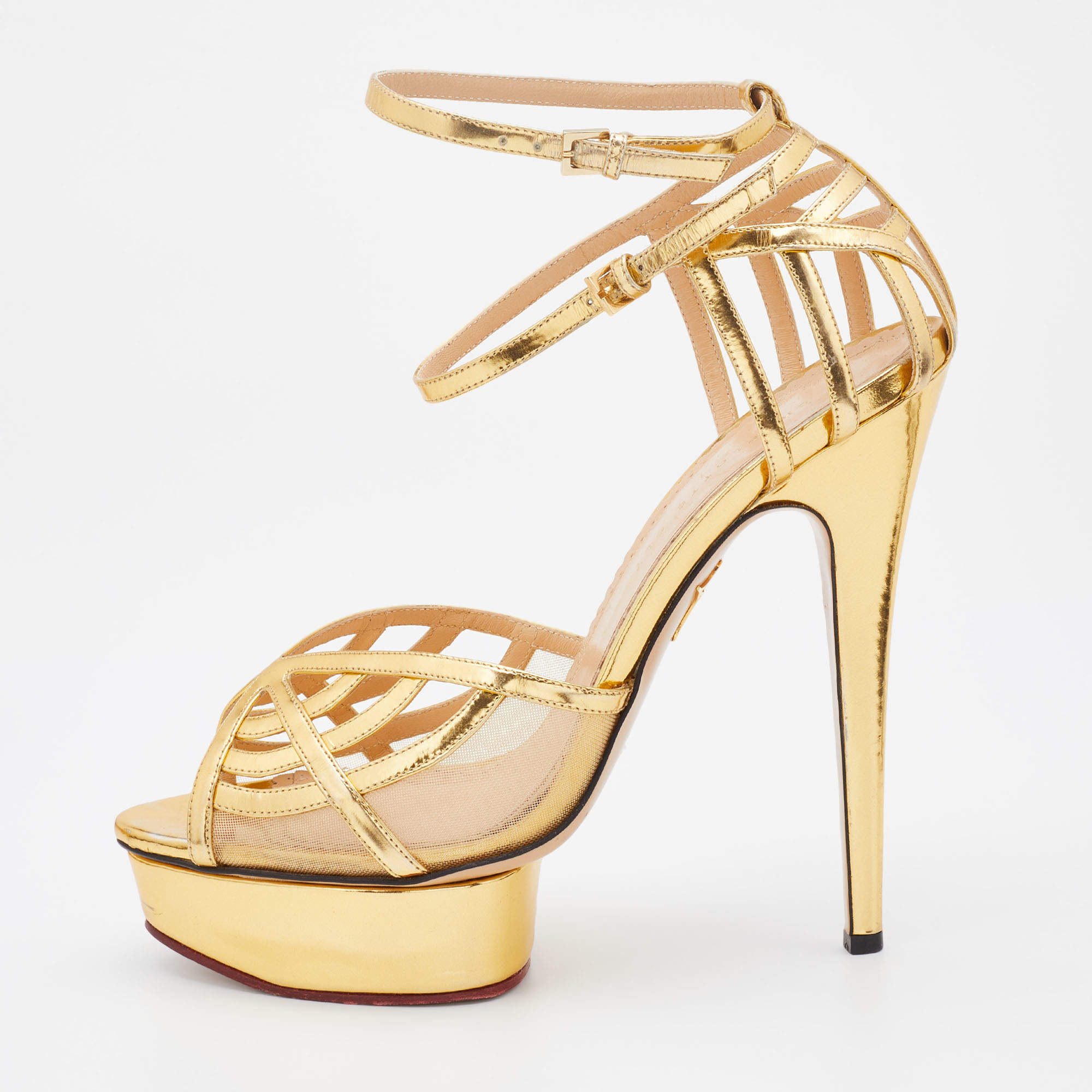 Charlotte Olympia Metallic Gold Patent Leather and Mesh Platform Ankle  Strap Sandals Size 41