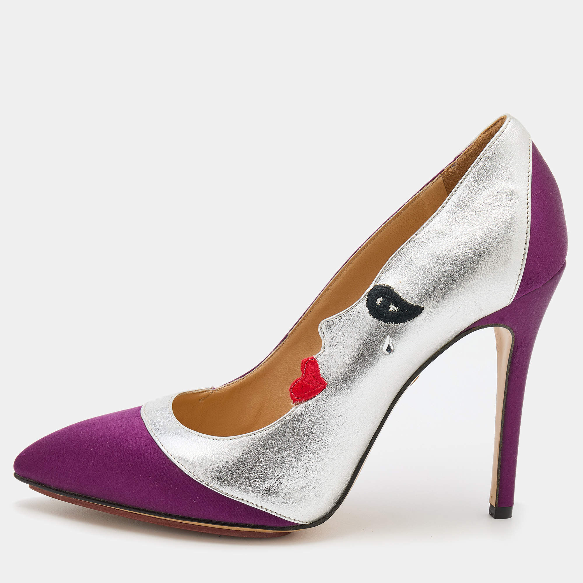 مملوكة مسبقًا Charlotte Olympia Purple/Silver Satin And Leather Luna Eclipse Pumps Size 39