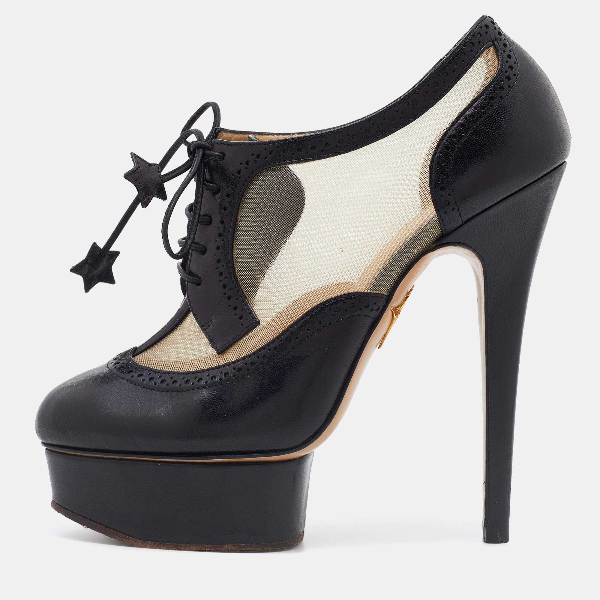 Charlotte Olympia Black Mesh and Leather Platform Ankle Booties Size 36