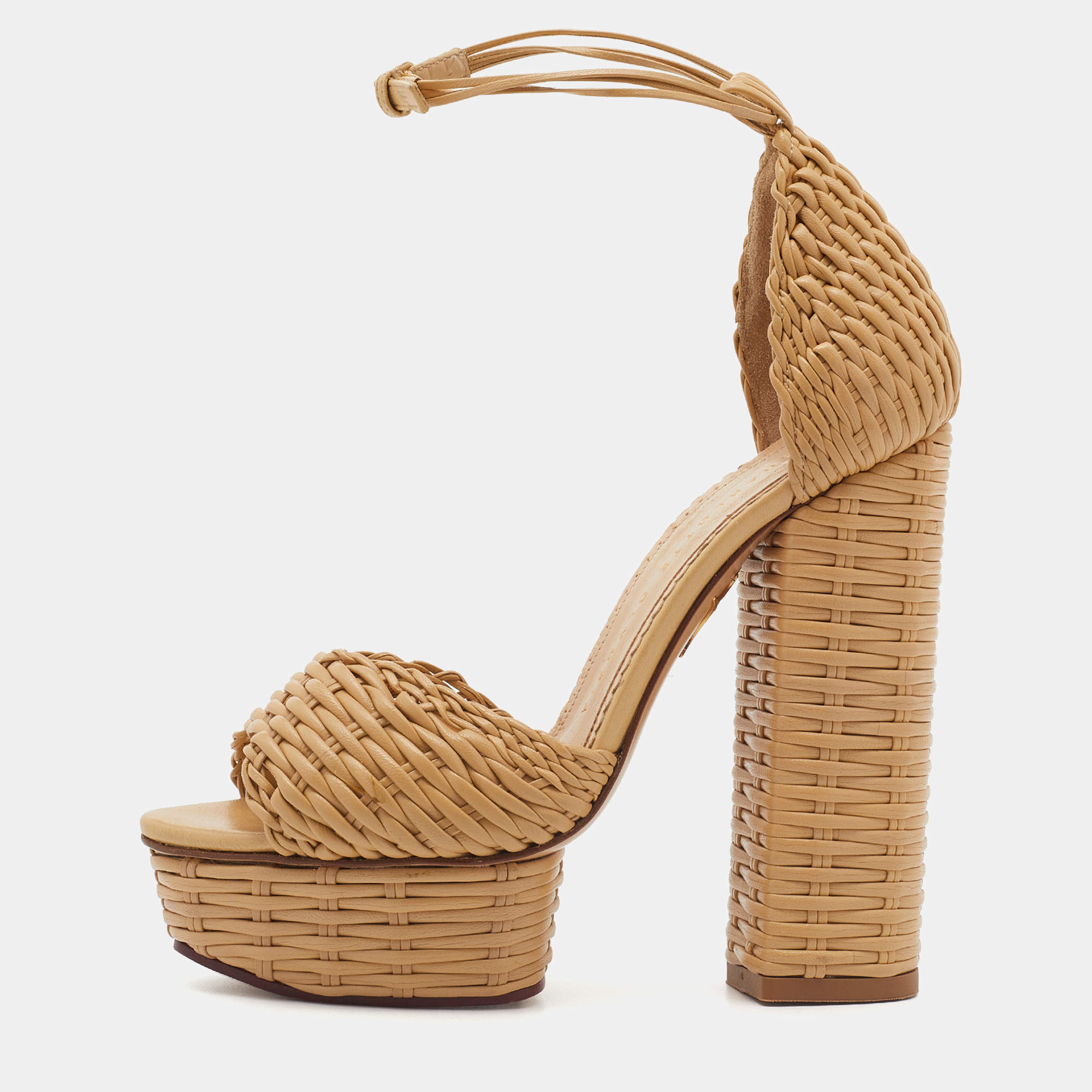 Pre Owned Charlotte Olympia Beige Woven Leather Platform Ankle Strap Sandals Size 35