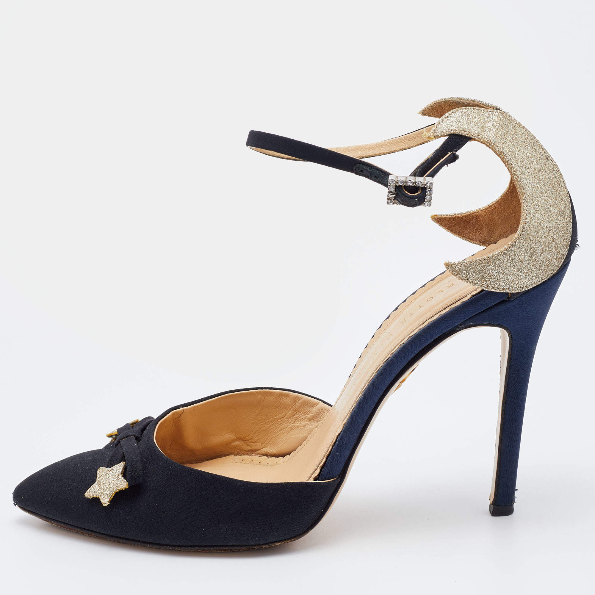 Pre Owned Charlotte Olympia Black/Gold Fabric and Leather Astrid Star Accent Ankle Strap Pumps Size 40