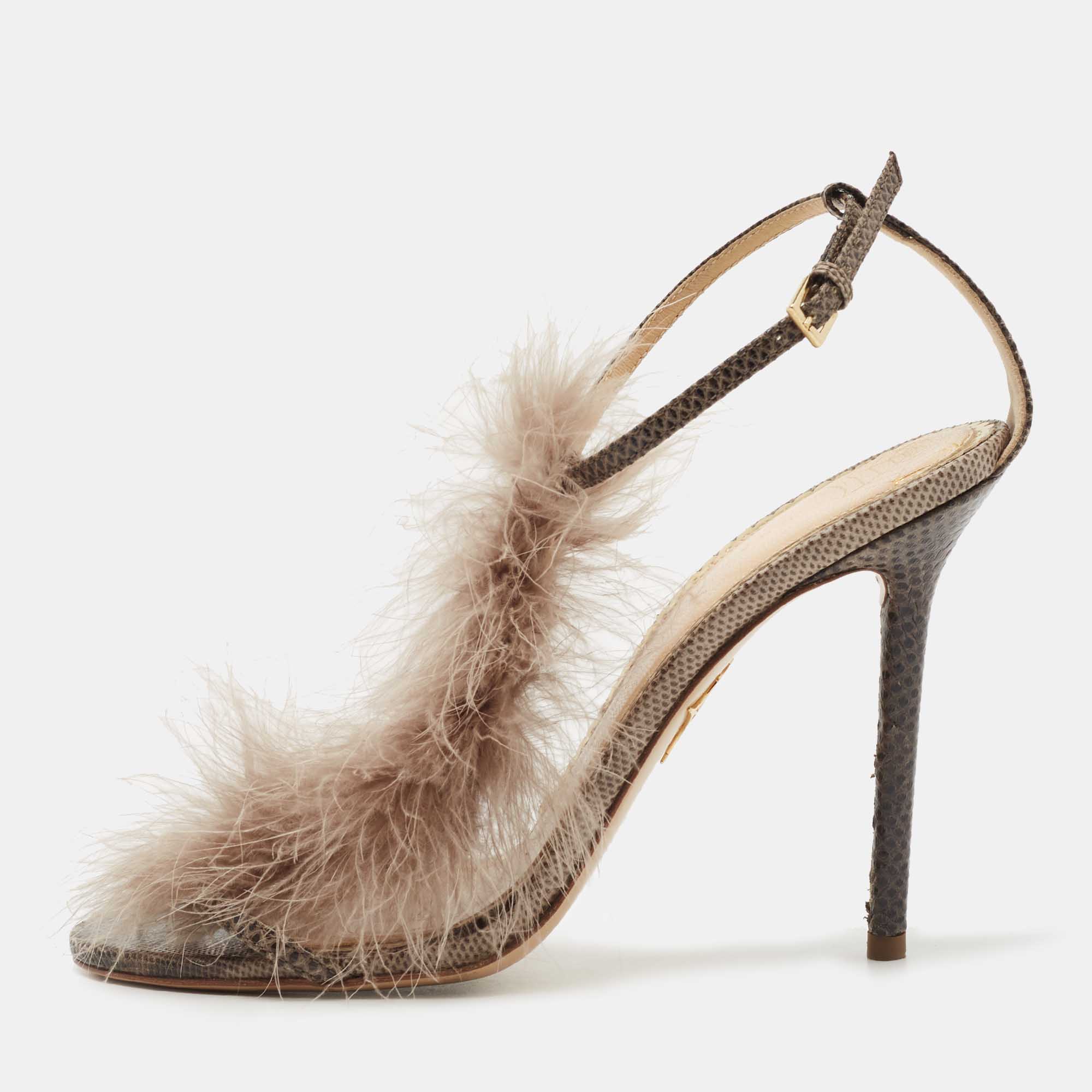 Charlotte Olympia Grey/Brown Karung Leather Ankle Wrap Sandals Size 39