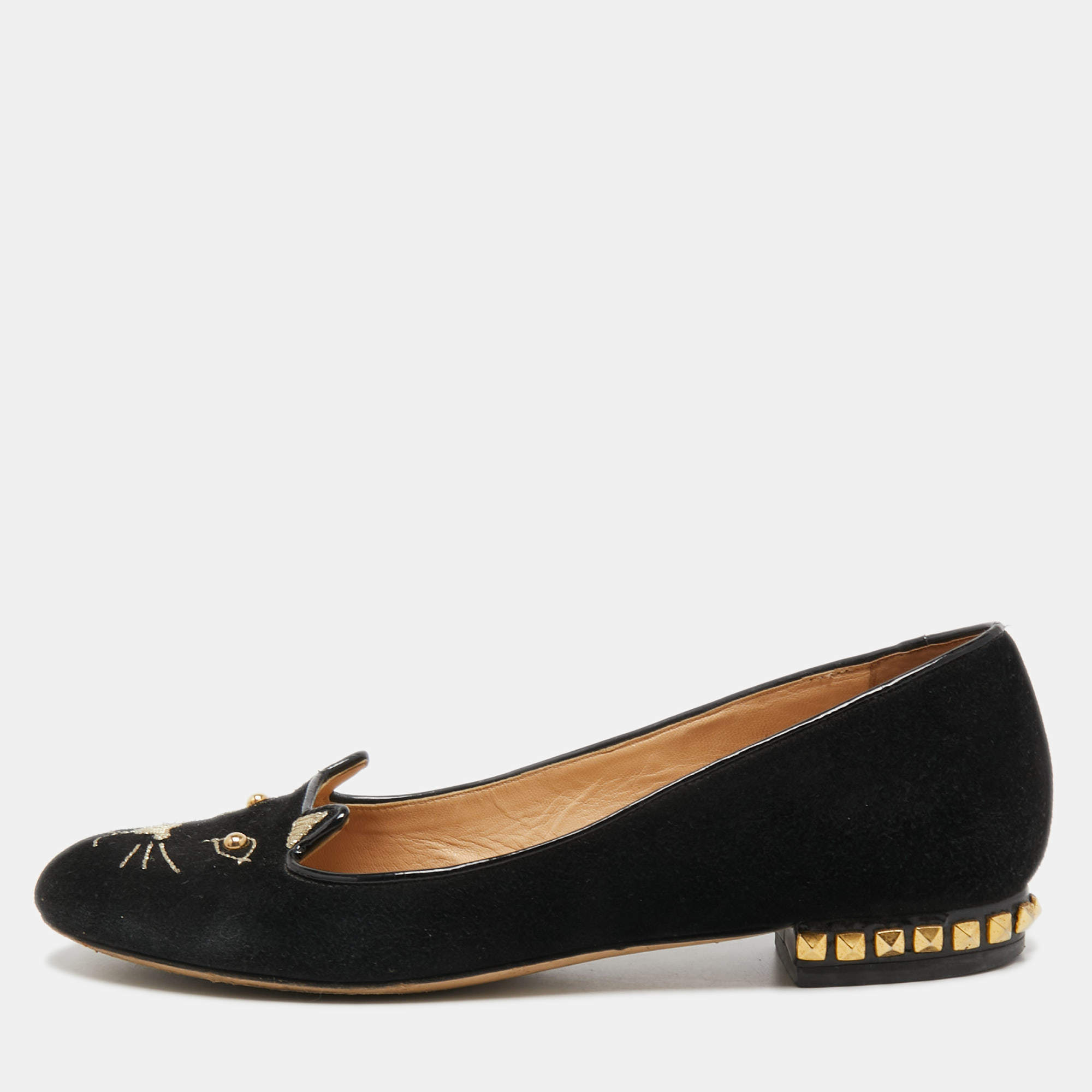 Charlotte Olympia Black Suede Kitty Ballet Flats Size 35
