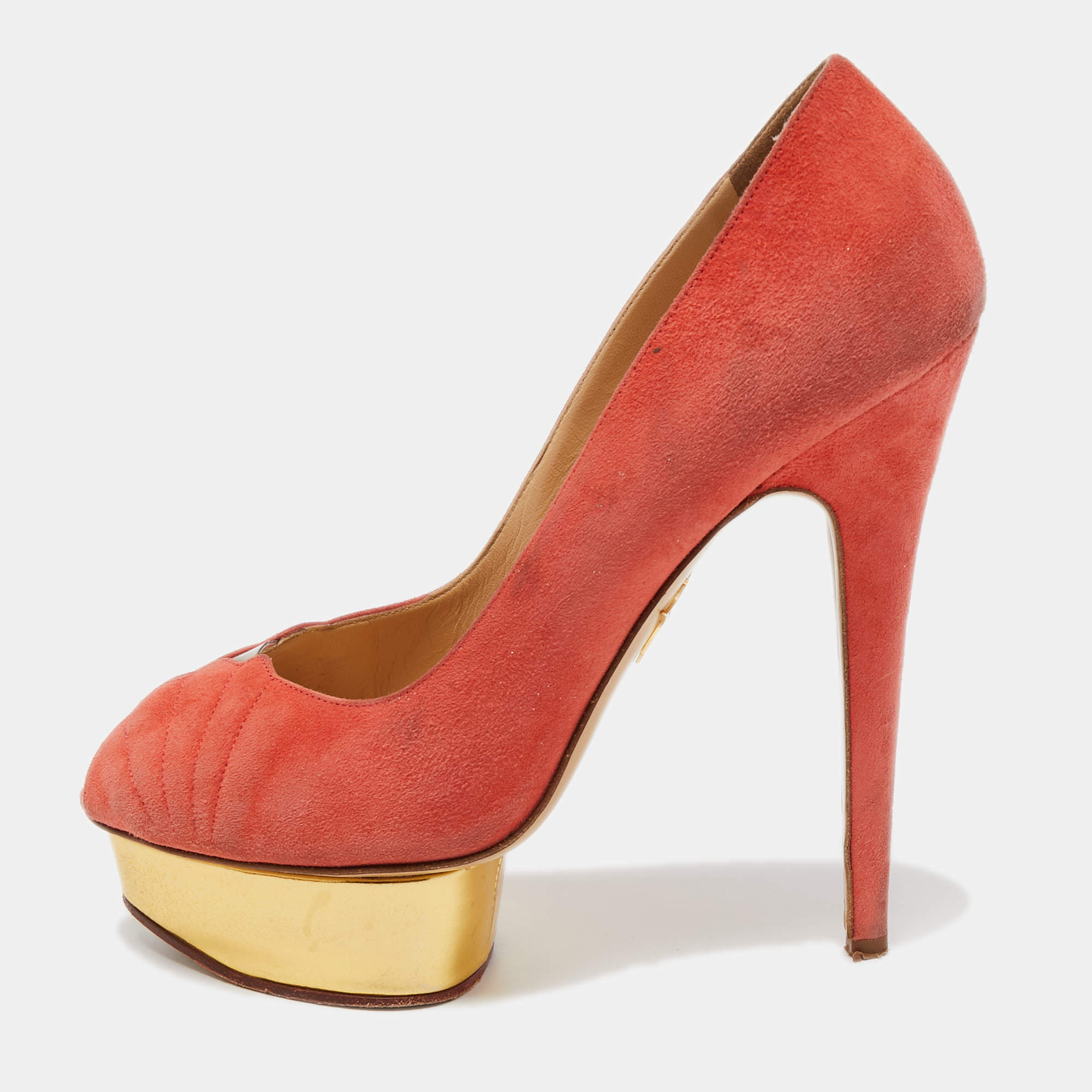 Charlotte Olympia Coral Pink Suede Peep Toe Platform Pumps Size 41