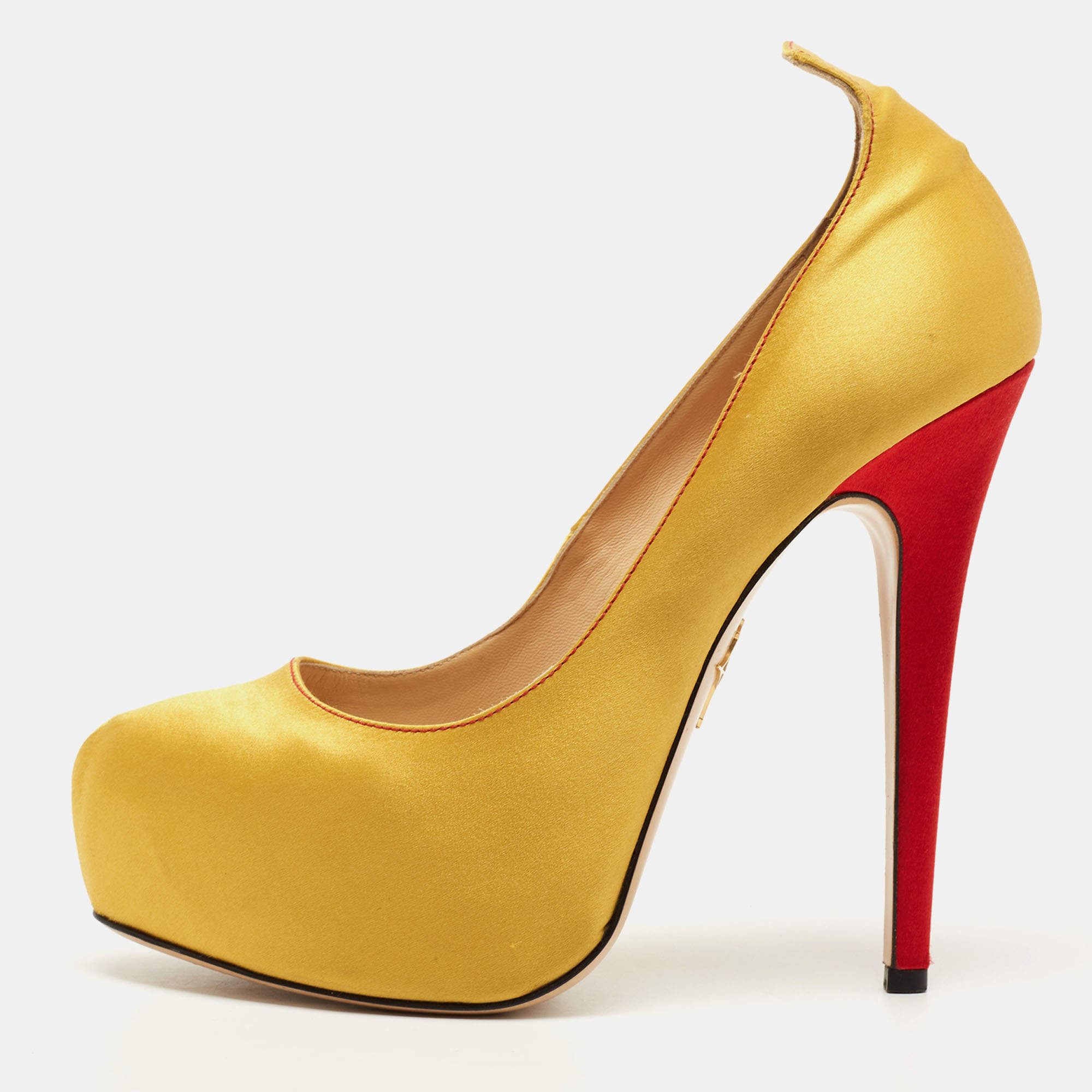 Pre Owned Charlotte Olympia Yellow Satin Platform Pumps Size 40