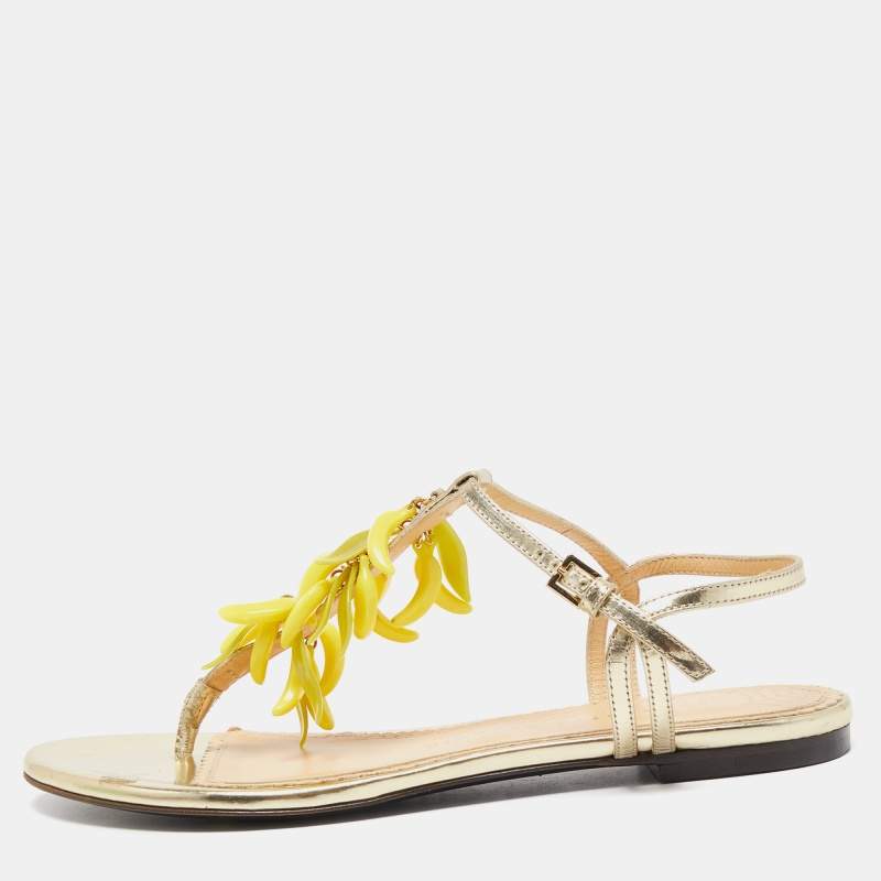 Pre Owned Charlotte Olympia Gold Leather Embellished Ankle Strap Flat Sandals Size 36