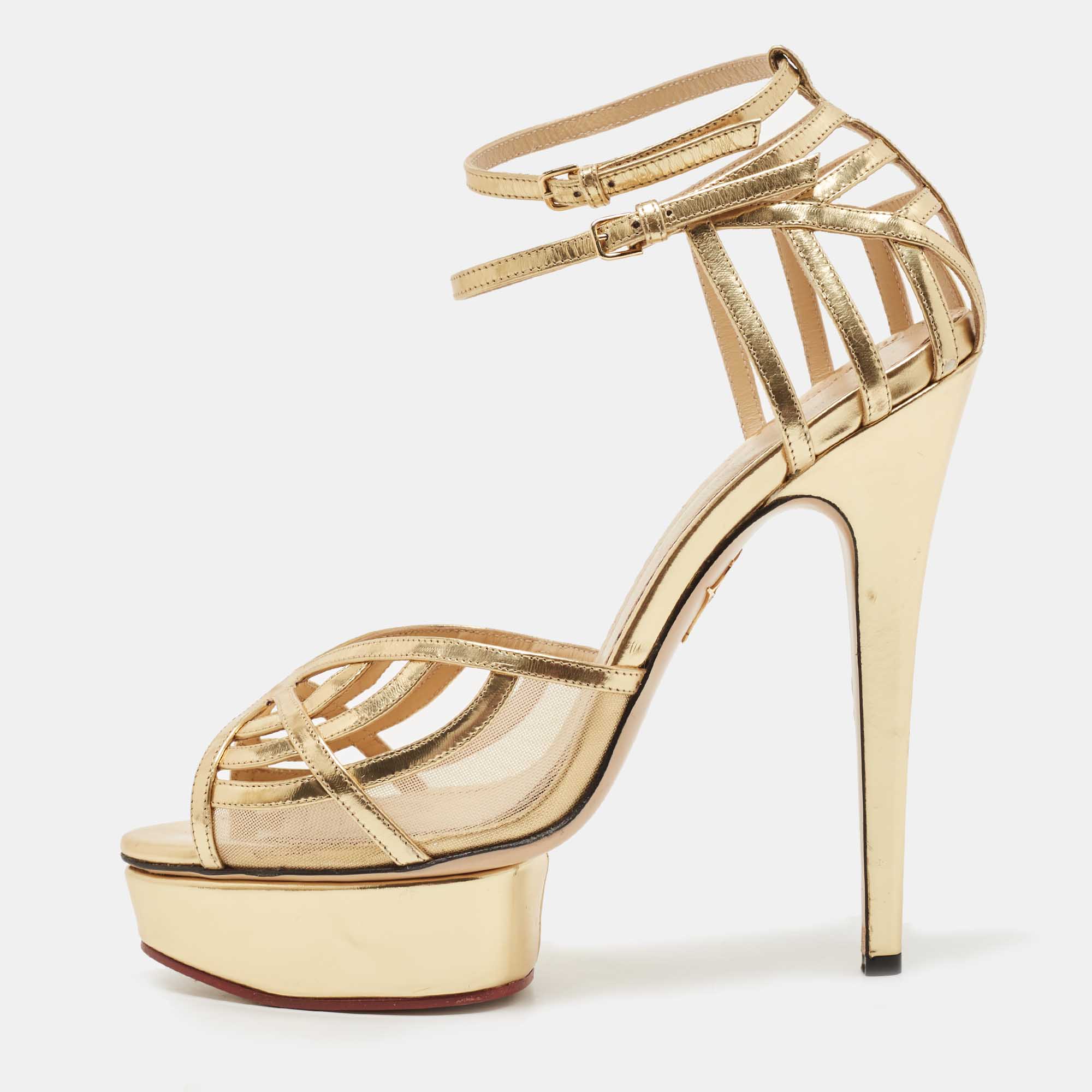 Charlotte Olympia Gold Leather and Mesh Platform Ankle Strap Sandals Size 41