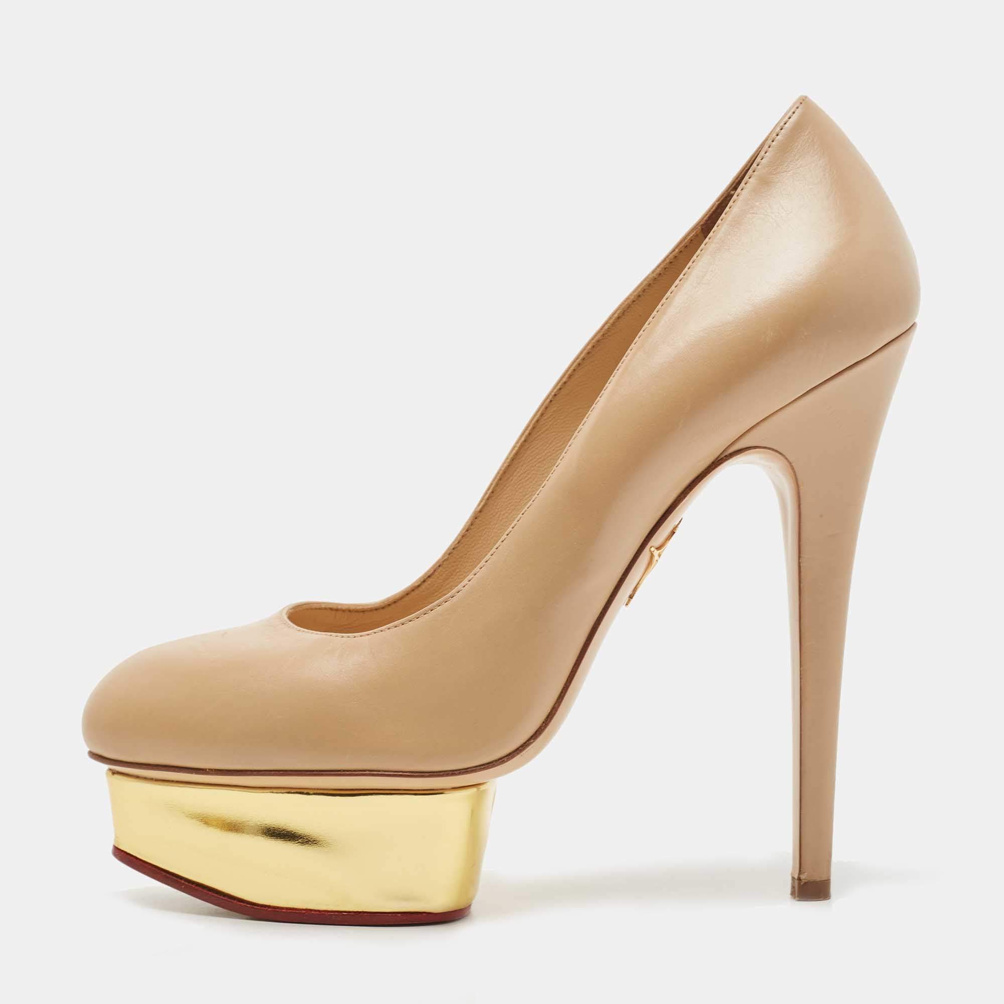 Charlotte Olympia Beige Leather Dolly Platform Pumps Size 38.5