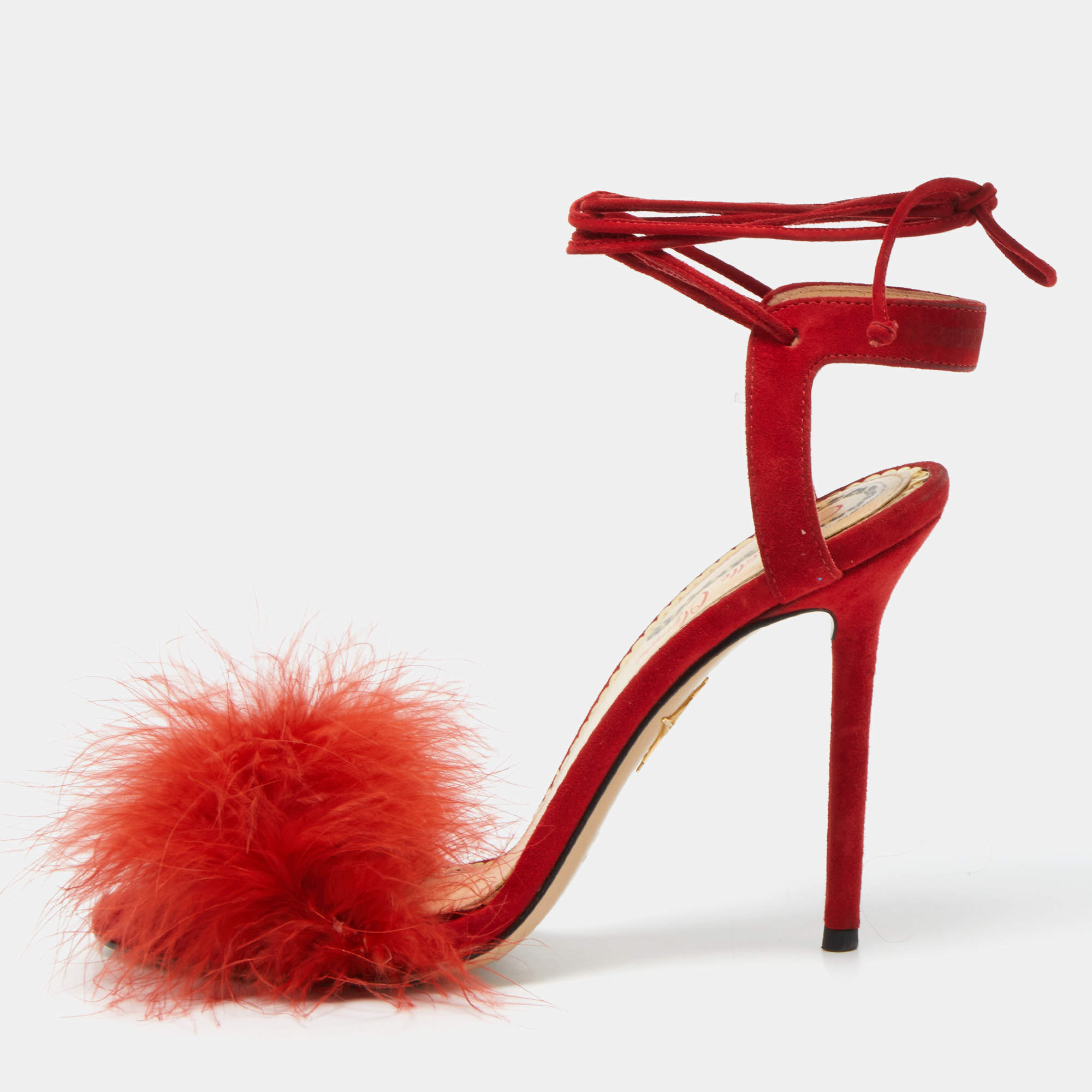 Charlotte Olympia Red Suede and Fur Salsa Ankle Wrap Sandals Size 38.5