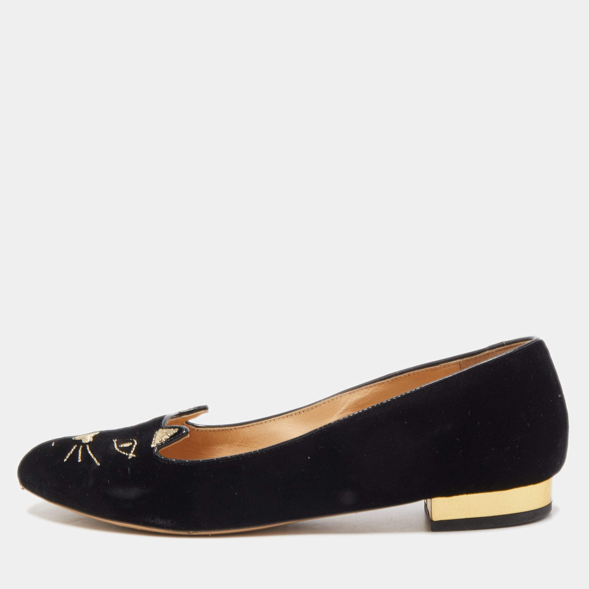 Charlotte Olympia Black Velvet Kitty Ballet Flats Size 38