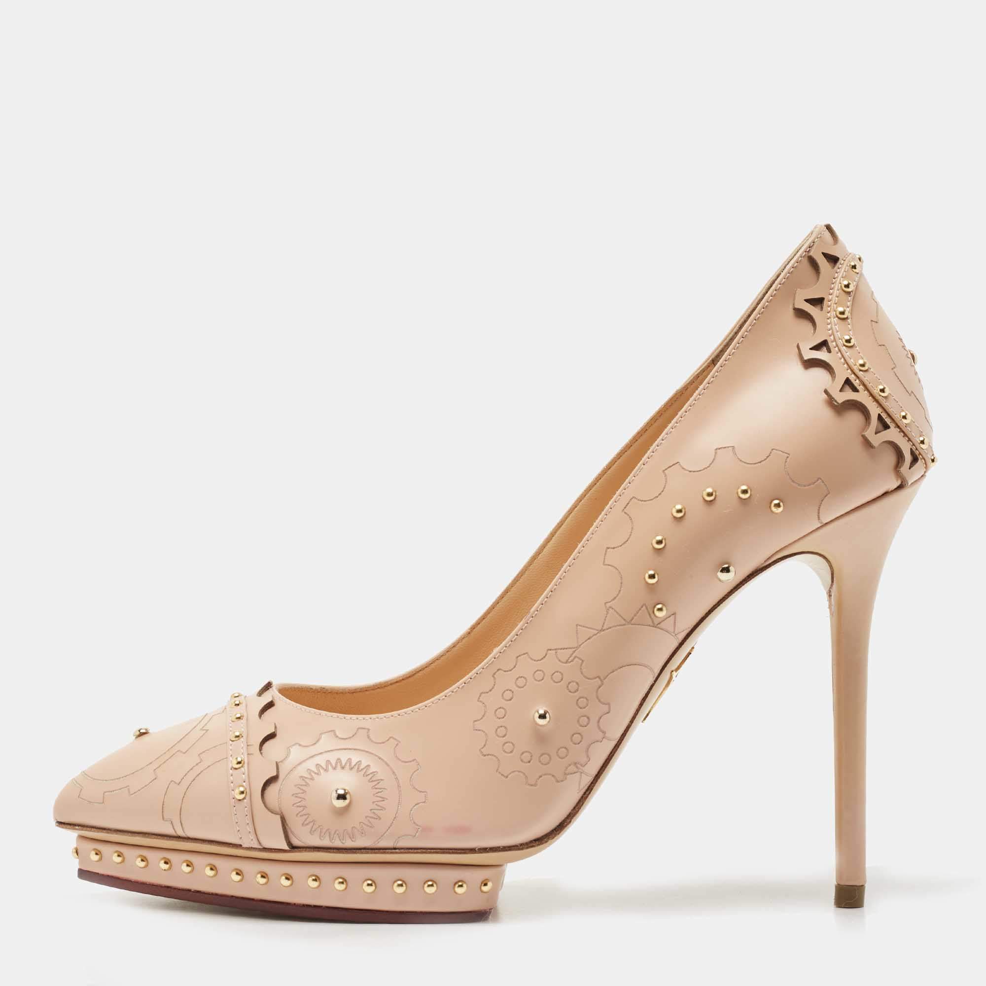 مملوكة مسبقًا Charlotte Olympia Pink Leather Studded Platform Pumps Size 39