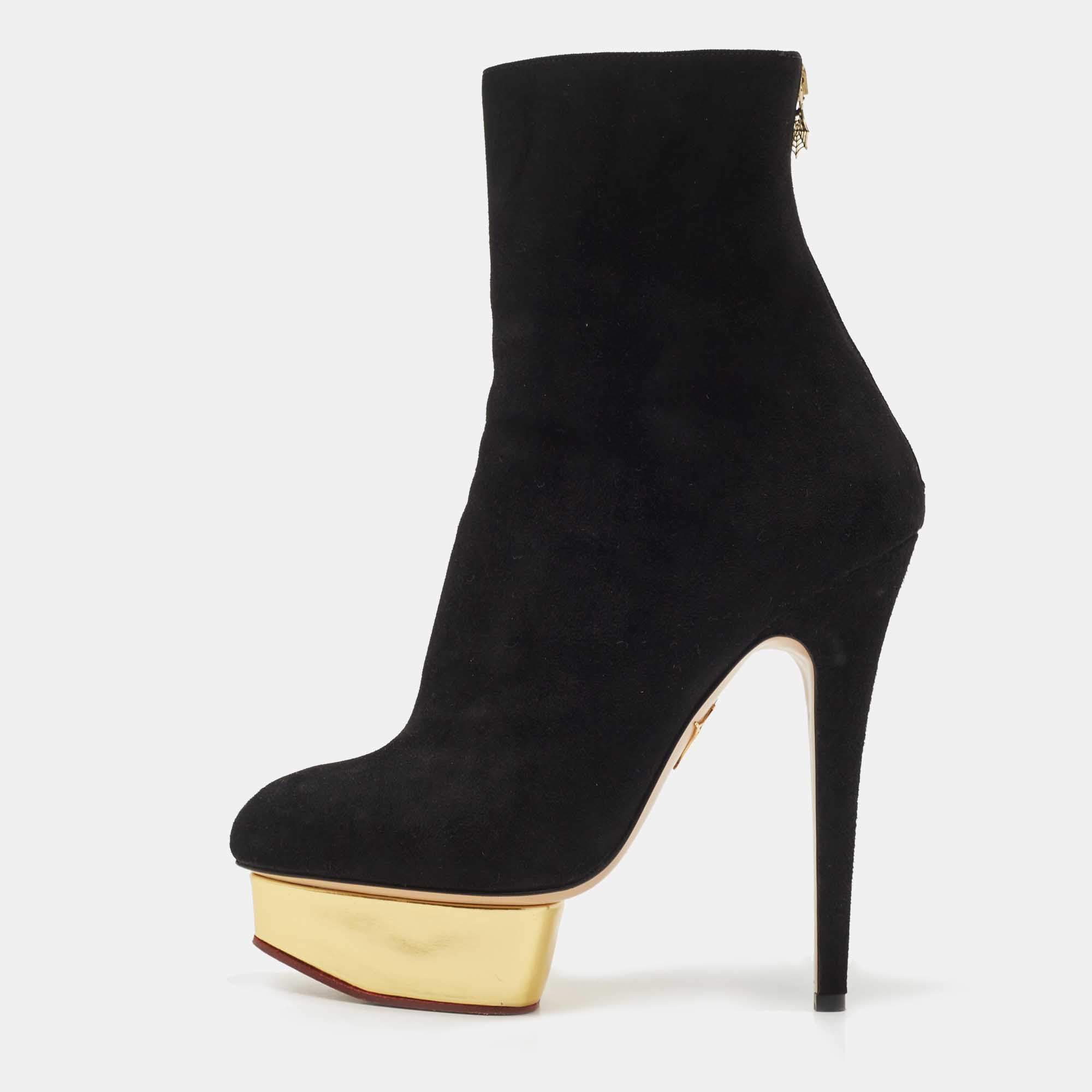 Charlotte Olympia Black Suede Platform Ankle Booties Size 39