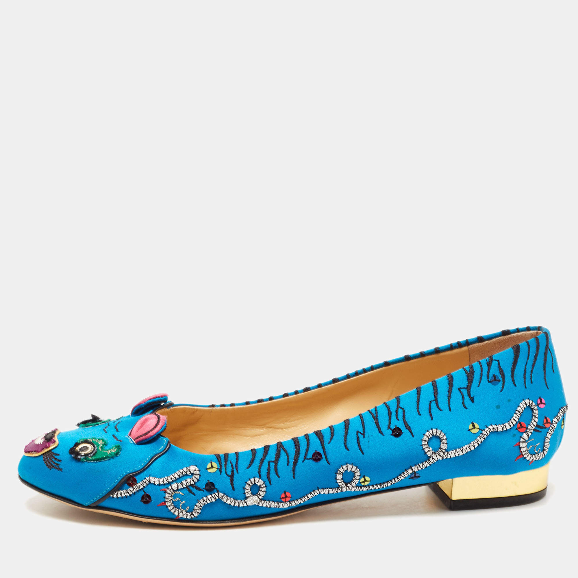 Charlotte Olympia Multicolor Satin Crouching Tiger Loafers Size 41