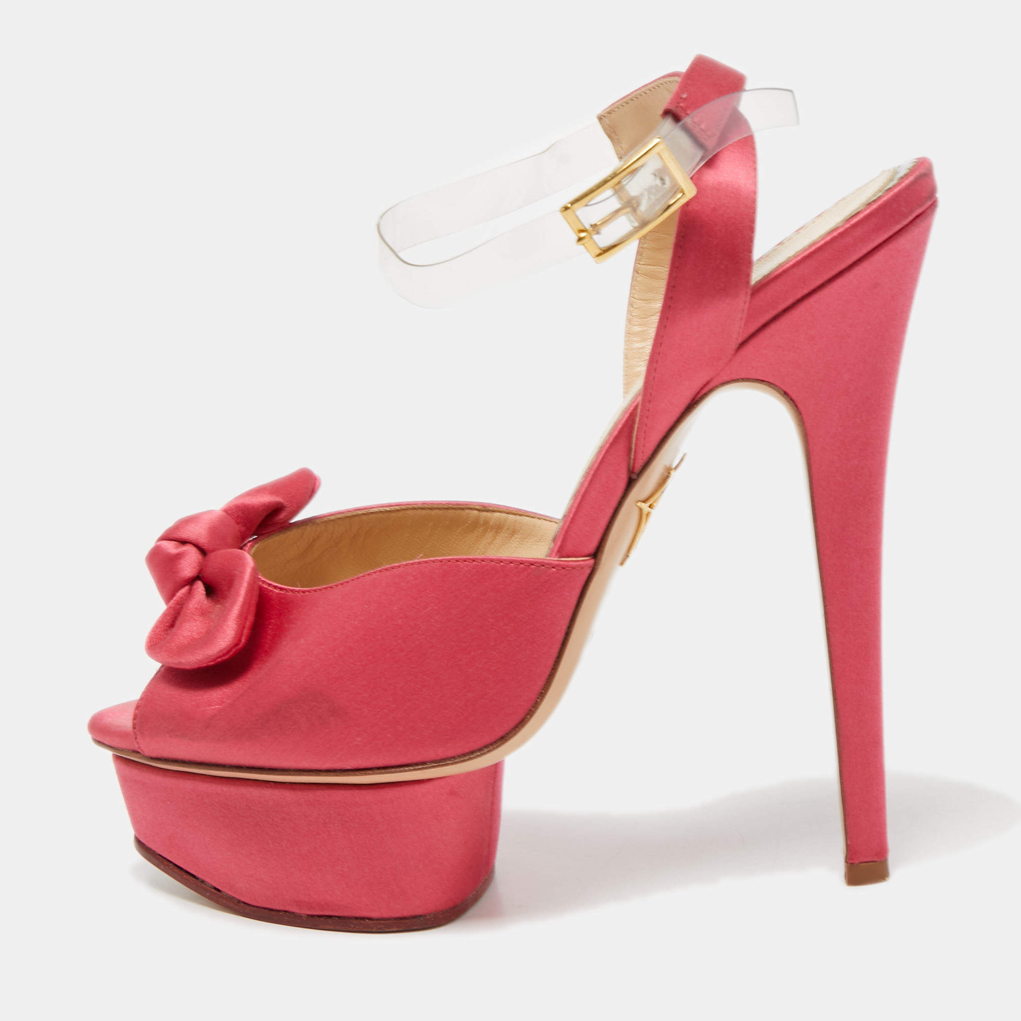 Charlotte Olympia Pink Satin Serena Bow Ankle Strap Platform Sandals Size 38