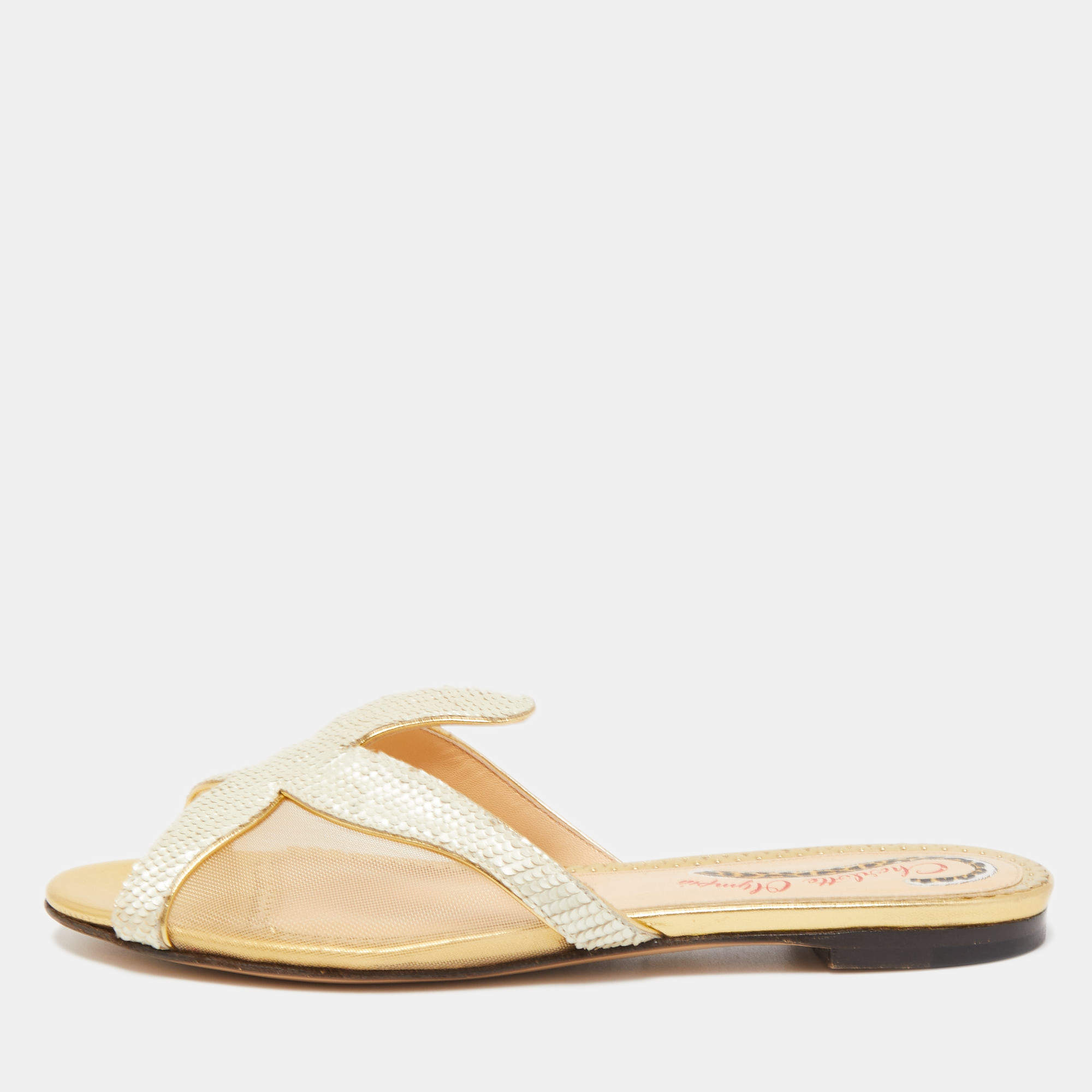 Pre Owned Charlotte Olympia White Mesh and Textured Leather Flat Slides Size 36