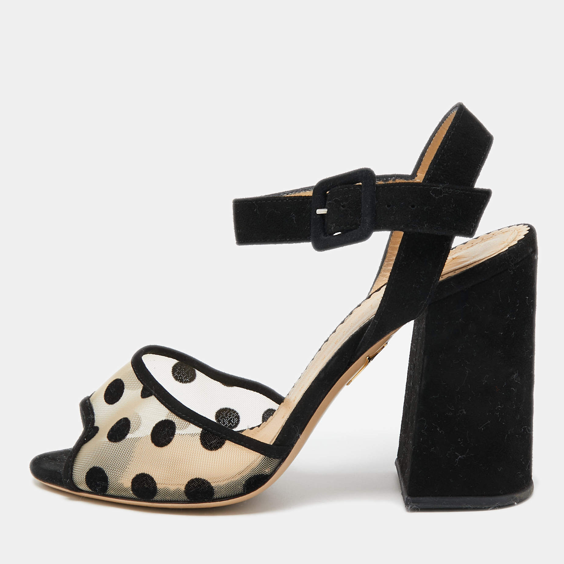 Charlotte Olympia Black Polka Dot Mesh and Suede Ankle Strap Sandals Size 38