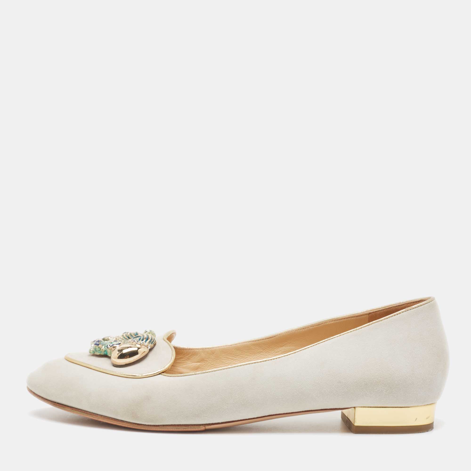 Pre Owned Charlotte Olympia Grey Suede Aquarius Zodiac Smoking Slippers Size 41