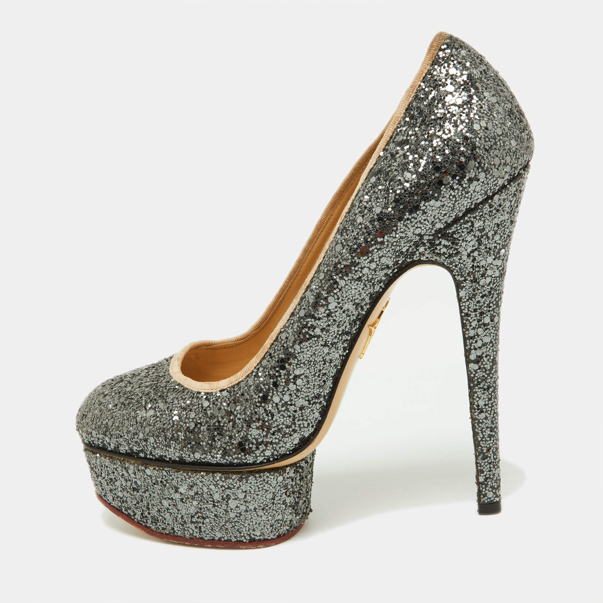 Pre Owned Charlotte Olympia Metallic Grey Coarse Glitter Dolly Pumps Size 37