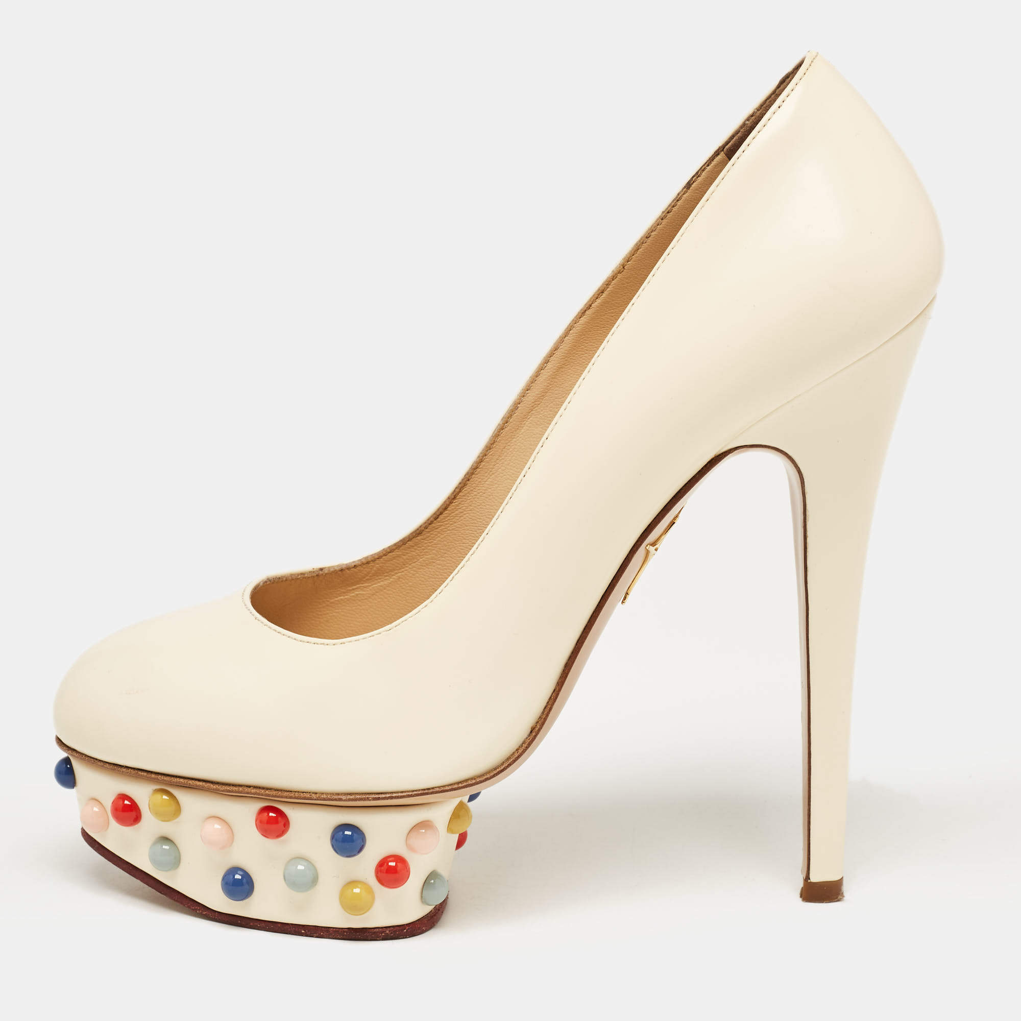 Pre Owned Charlotte Olympia Off White Leather Embellished Dolly Platform Pumps Size 37