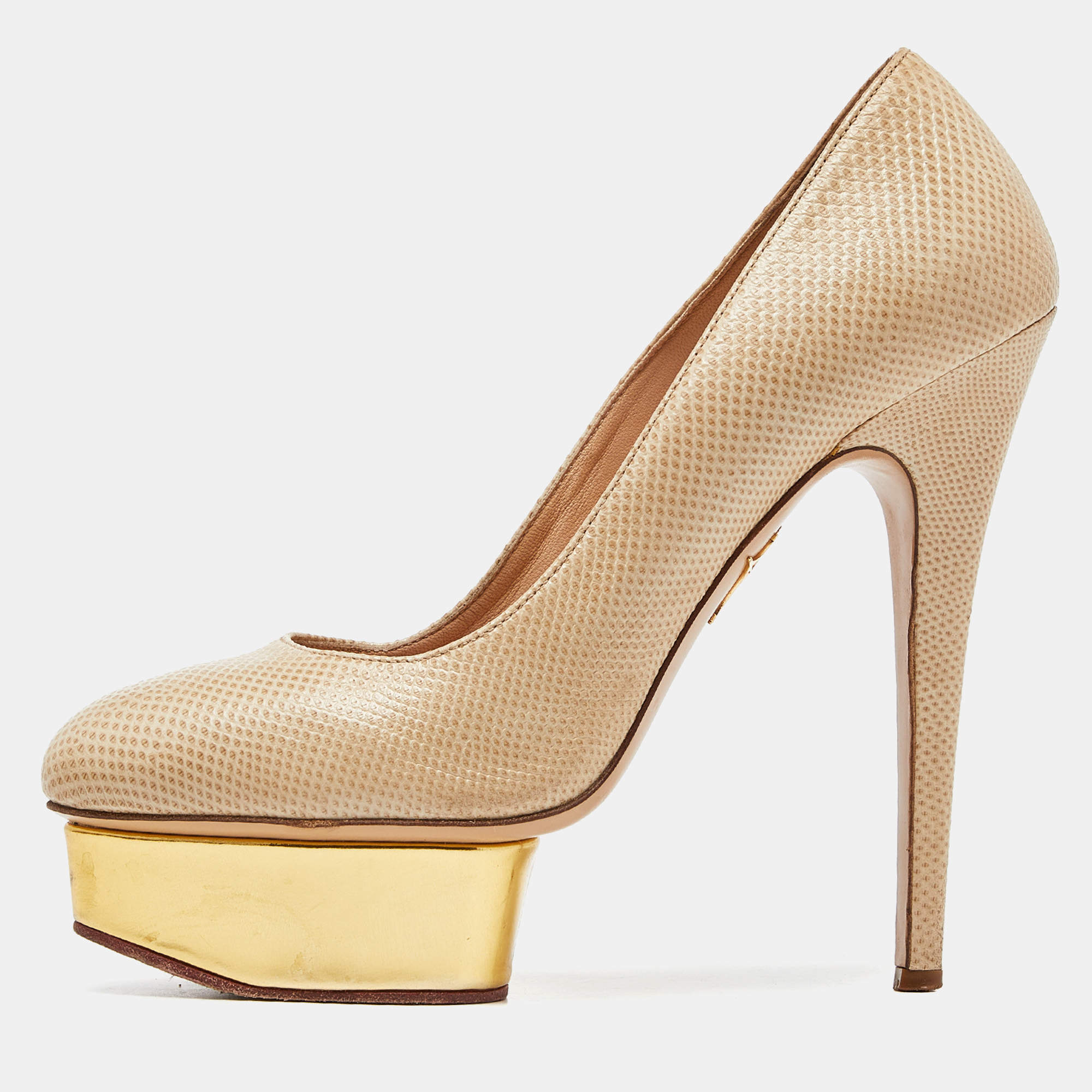 Charlotte Olympia Beige/Gold Karung Leather Dolly Platform Pumps Size 39